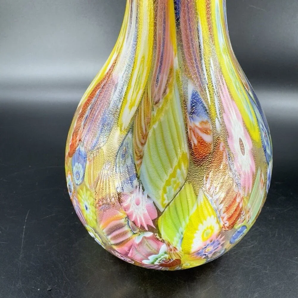 Murano Italian Glass Vase Gold Flecks Aventurine Large Multicolor Millefiori VTG